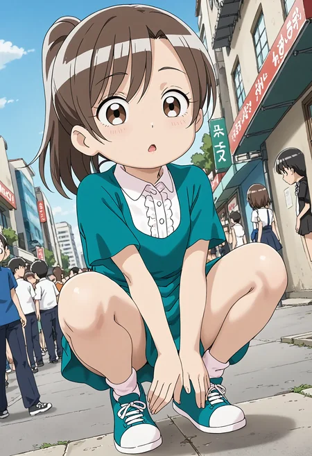 <lora:Hyper-SDXL-8steps-lora:1> <lora:Fixhands_anime_bdsqlsz_V1:1> zPDXL2, score_9, score_8_up, score_7_up, source_anime, intricate details, perfect anatomy BREAK
outdoors, city, tokyo, japan, audience, crowd, squatting, arms between legs, dutch angle, hands, hanging hair, head tilt, looking at viewer, Surprised, Wide-open eyes, a raised brow, and an open mouth., 1girl, solo, solo focus, 
<lora:MAR-minatomo_madoka_XL(pony)v10:1> MAR-madoka, brown hair, ponytail, brown eyes, MAR-madoka outfit, green dress, white socks, green shoes,