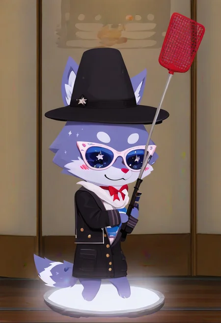 Super Animal Royale, detailxl, score_9, score_8_up, score_7_up, score_6_up, score_5_up,, detailed eyes, detailed face, detailed hands, top down full body view,  NightScapes, wolf, cozy atmosphere, creative light overlay, 4k, masterpiece, (masterpiece), best quality, (4K), (cinematic lighting), highly detailed, 8K, UHD, ultra detailed, immersive picture, vivid colors, volumetric light, cinematic light, extremely detailed CG, fox is wearing a jacket and a hat while holding a flyswatter