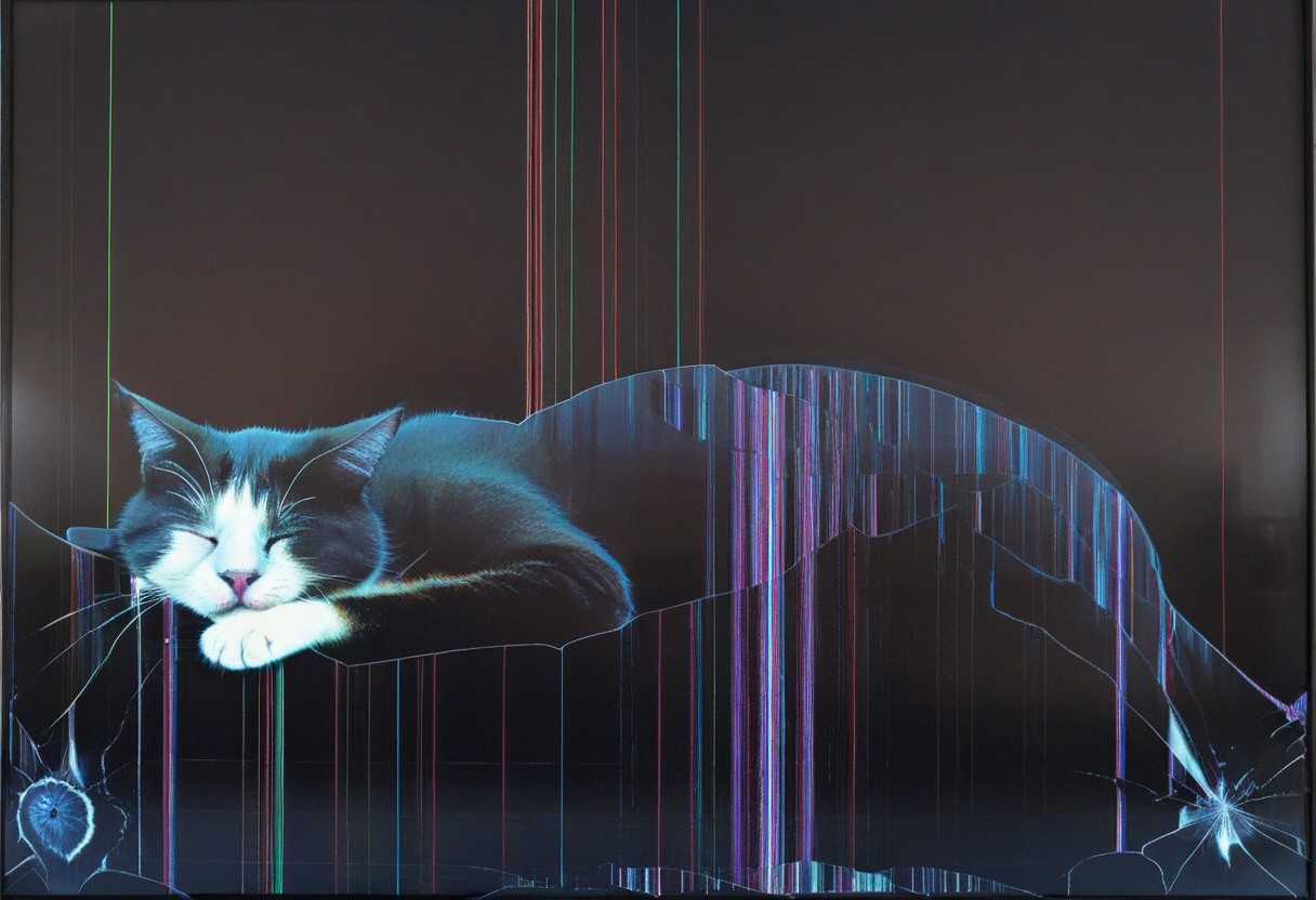 lazympos, glitch, crackedlcd, abstract, sleeping cat