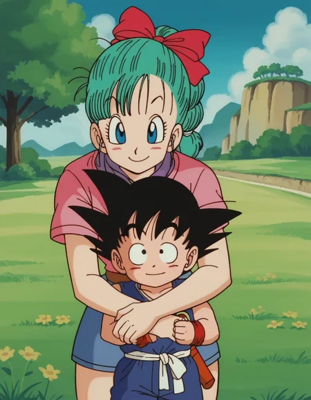 zPDXL, score_9, score_8_up, score_7_up, source_anime, 8k, absurdres, 1980s \(style\), retro artstyle, anime coloring,
<lora:EarlyAkirav1-1:0.8> drgbls1, son goku, black hair, black eyes, bulma, blue hair, blue eyes, multiple characters, 1girl, 1boy, outdoors, smiling, happy, hugging, cute, adorable, blush, heart, outdoors, mountain, sky, cloud, grass, bush, tree, looking at viewer,