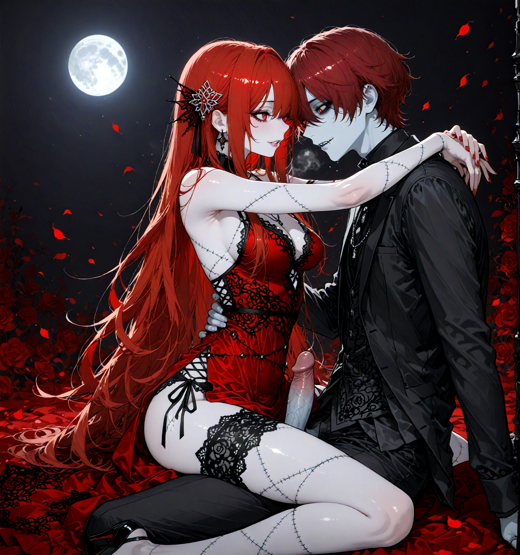 masterpiece, best quality, amazing quality, very aesthetic, perfect eyes,((r17329_illu)) , 2boy,1girl, medium_breasts,
,  erection,
 upright_straddle,  upright_straddle, questionable,explicit,hair_ornament,A stunning reimagining of Sally from The Nightmare Before Christmas, designed as a beautiful and stylish figure while maintaining her iconic stitched-together appearance. She has soft, pale blue skin with intricately detailed stitches running across her body, stitched mouth, now resembling elegant embroidery. Her long, flowing red hair cascades like silk, catching subtle glints of moonlight. She wears a modern, high-fashion gown inspired by her patchwork dress, redesigned with a sleek silhouette and bold, contrasting textures, blending delicate lace, velvet, and satin in deep, moody hues like midnight blue, crimson, and black. The background is a softly lit, ethereal scene with a full moon glowing behind her, surrounded by whimsical swirls and patterns reminiscent of Tim Burton’s aesthetic. Her eyes are large and expressive, framed with delicate eyeliner and a subtle shimmer, conveying both mystery and charm. Dramatic lighting enhances her features and highlights the textures of her ensemble, creating a dreamlike and gothic-chic ambiance.