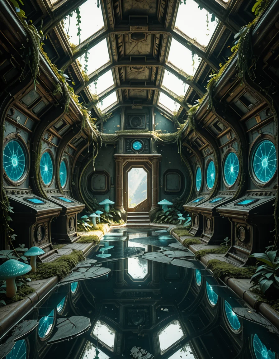 The interior of an ancient abandoned spaceship, overtaken by lush vegetation. The walls and ceiling are covered in thick, twisting vines and moss. Strange alien plants glow faintly in shades of blue and green, casting an eerie, mystical light across the metallic surfaces. Rusted control panels and shattered glass windows hint at a long-forgotten past. The floor is cracked and partially flooded with still, reflective water. Patches of bioluminescent fungi cling to the corners, adding a surreal atmosphere. The air feels heavy with moisture, and beams of soft, diffused light filter through holes in the hull, creating dramatic shafts of light and shadow. The overall style is hyper-realistic, rich in textures, with a cinematic and slightly melancholic mood.<lora:SDXLFaeTastic2400:0.4> <lora:extremely_detailed:0.4> extremely detailed,ancient abandoned sp4c3sh1p, <lora:ancient_abandoned_sp4c3sh1p-i:1>, Masterpiece,best quality,hi res,8k,hi res,8k,award winning,(sharp focus, intricate, highly detailed),