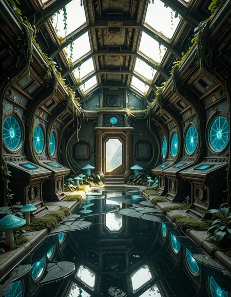 The interior of an ancient abandoned spaceship, overtaken by lush vegetation. The walls and ceiling are covered in thick, twisting vines and moss. Strange alien plants glow faintly in shades of blue and green, casting an eerie, mystical light across the metallic surfaces. Rusted control panels and shattered glass windows hint at a long-forgotten past. The floor is cracked and partially flooded with still, reflective water. Patches of bioluminescent fungi cling to the corners, adding a surreal atmosphere. The air feels heavy with moisture, and beams of soft, diffused light filter through holes in the hull, creating dramatic shafts of light and shadow. The overall style is hyper-realistic, rich in textures, with a cinematic and slightly melancholic mood.<lora:SDXLFaeTastic2400:0.4> <lora:extremely_detailed:0.4> extremely detailed,ancient abandoned sp4c3sh1p, <lora:ancient_abandoned_sp4c3sh1p-i:1>, Masterpiece,best quality,hi res,8k,hi res,8k,award winning,(sharp focus, intricate, highly detailed),