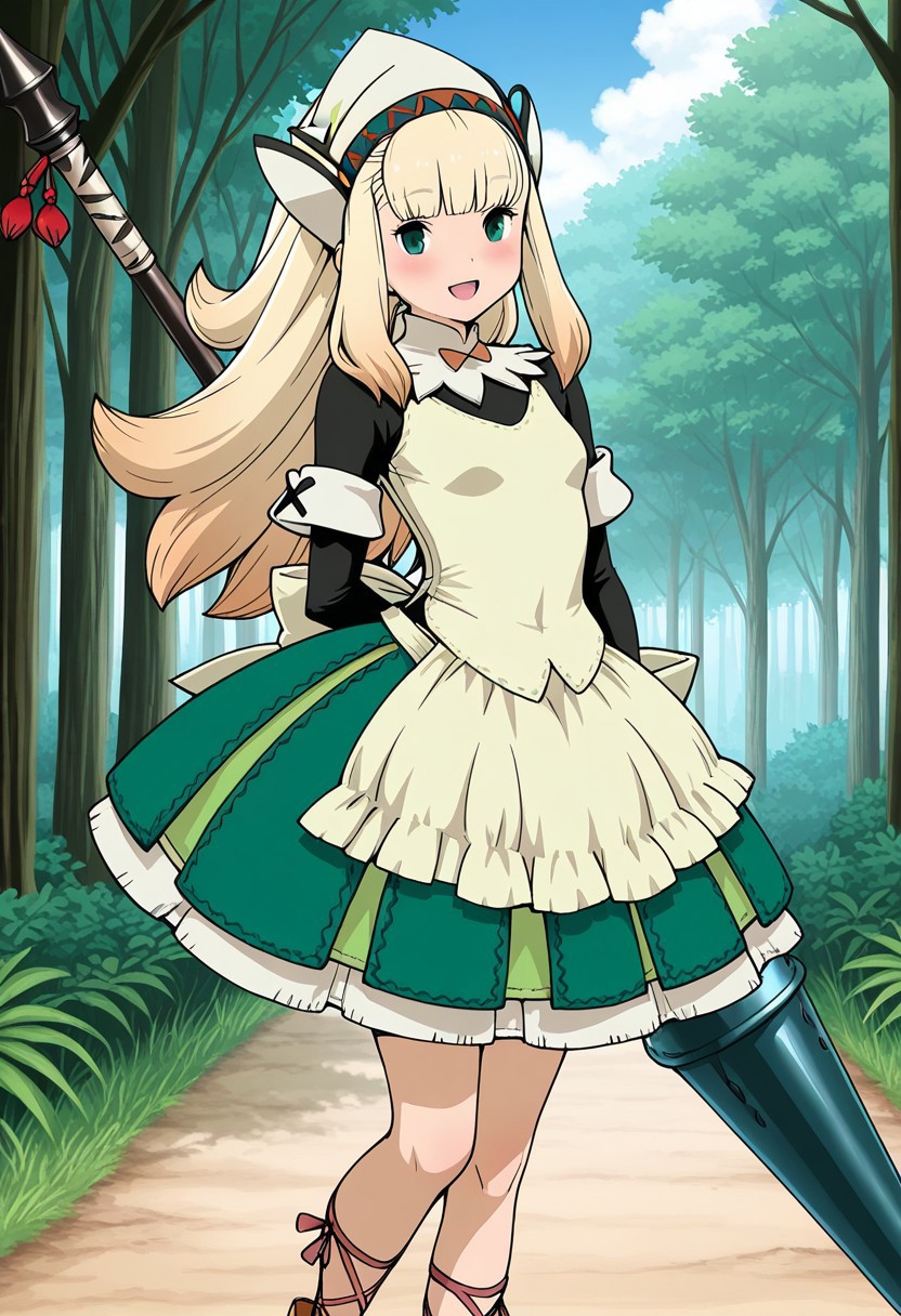 bravely_default_(series),monster_hunter_(series),masterpiece,anime_coloring,anime_clothing,amazing_quality,1girl,blonde_hair.long_hair,Helper_clothes, apron, green dress, long sleeves, dress, frilled apron, head scarf, waist apron, puffy sleeves, cross-laced footwear, brown footwear ,solo,blush cheek,smile,open mouth,close-up face,weapon_on_back,lance,polearm, forest,day sky,