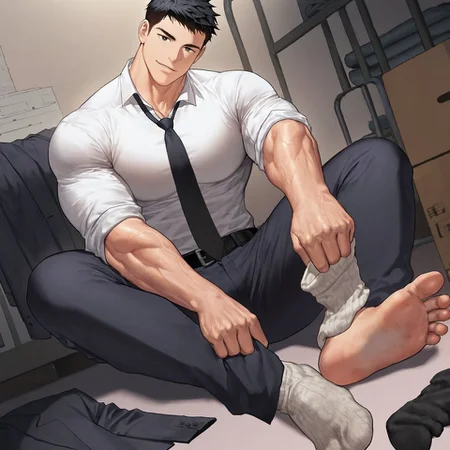 solo, 1boy, muscular male, short hair, black hair, short hair, black eyes, song taewon, smirk, looking at viewer, head tilt, BREAK, bara, large pectorals, unworn suit jacket on floor, white shirt, rolled up sleeves, collared shirt, belt, black necktie, undressing legwear, one sock on, holding sock, dirty sock, smelly socks, unworn sock focus, reaching to viewer, outstrectched arm, sitting, indoors, storage room, BREAK, , dynamic, cinematic, dutch angle, very awa, masterpiece, best quality, absurdres, newest, perfect quality, detailed background, intricate details, artist: arkapami, artist: nickakito, (artist: penguin frontier: 0.5)