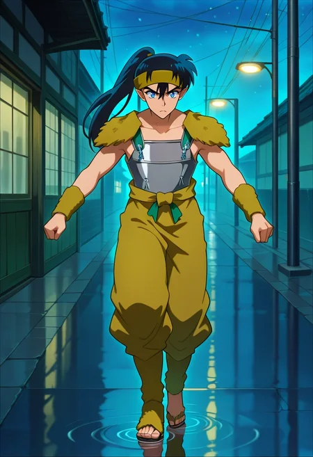 masterpiece, best quality, , anime screencap, anime coloring, official style, , 1boy, solo, male focus, <lora:kouga_inuyasha_ilxl:1>, kouga_inuyasha, black hair, blue eyes, long hair, ponytail, pointy ears, headband, armor, rainy street, reflective puddles, glowing streetlights, bustling sidewalks, strolling pose, thoughtful expression, urban rain,