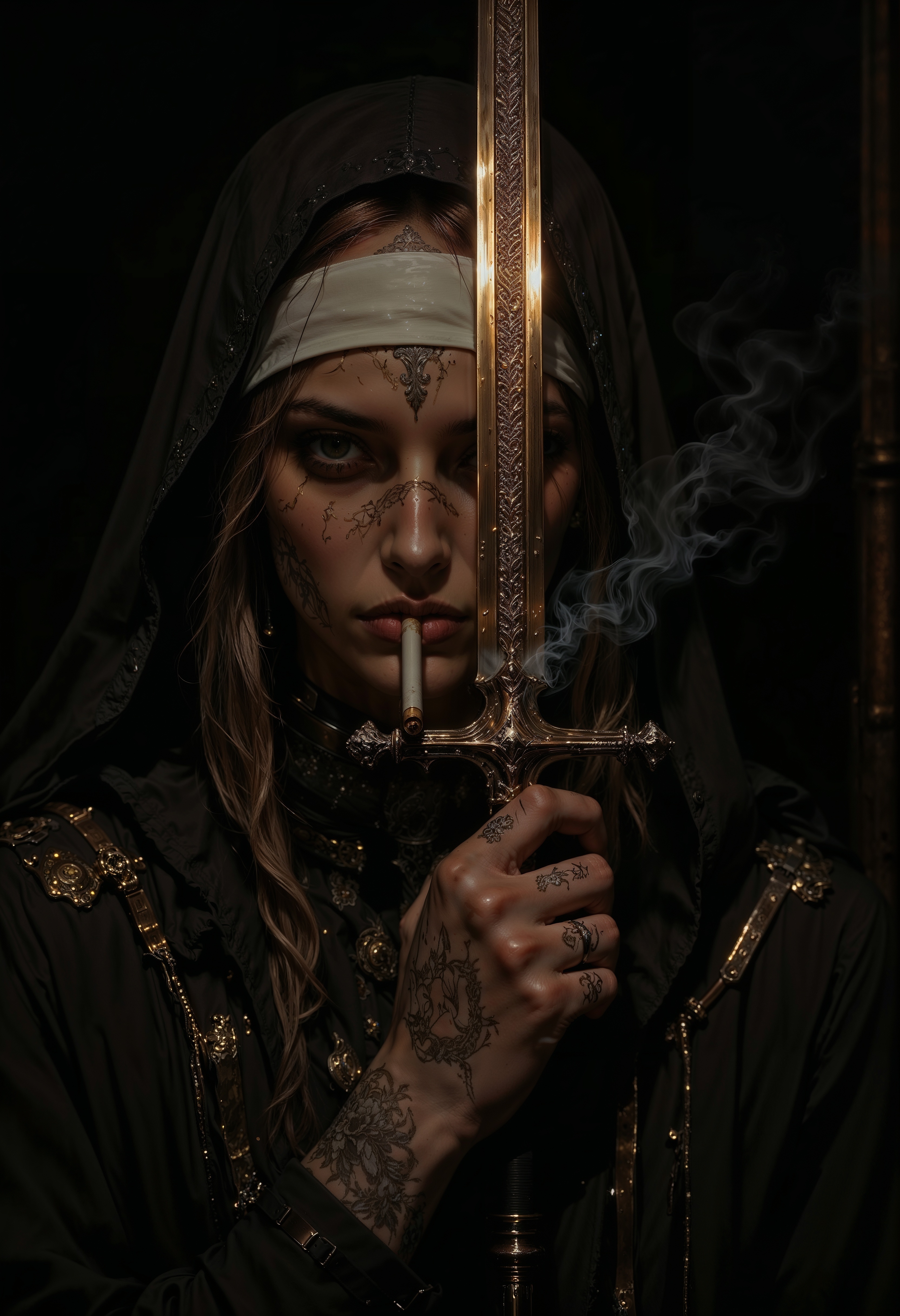 A sensually rebellious nun, her forbidden allure highlighted by intricate tattoos peeking out from beneath her traditionally modest habit. Holding a gleaming longsword with a confident grip, her face fills the frame with an intensity that draws in the viewer. This realistic portrait captures every crease and imperfection in her weathered skin, heavily shadowed to add a mysterious depth to her expression. The cigarette held delicately between her lips adds a touch of danger to her otherwise serene visage. Overall, this impeccably detailed image evokes a sense of captivating contradiction and intrigue. <lora:flux.1_lora_flyway_Epic-detail_v2:0.85> <lora:Anime Art V3:0.8> <lora:FluxMythAn1meL1nes:0.8>