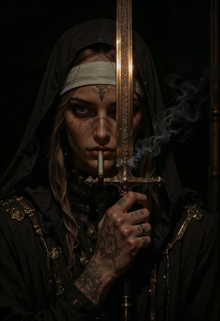 A sensually rebellious nun, her forbidden allure highlighted by intricate tattoos peeking out from beneath her traditionally modest habit. Holding a gleaming longsword with a confident grip, her face fills the frame with an intensity that draws in the viewer. This realistic portrait captures every crease and imperfection in her weathered skin, heavily shadowed to add a mysterious depth to her expression. The cigarette held delicately between her lips adds a touch of danger to her otherwise serene visage. Overall, this impeccably detailed image evokes a sense of captivating contradiction and intrigue. <lora:flux.1_lora_flyway_Epic-detail_v2:0.85> <lora:Anime Art V3:0.8> <lora:FluxMythAn1meL1nes:0.8>