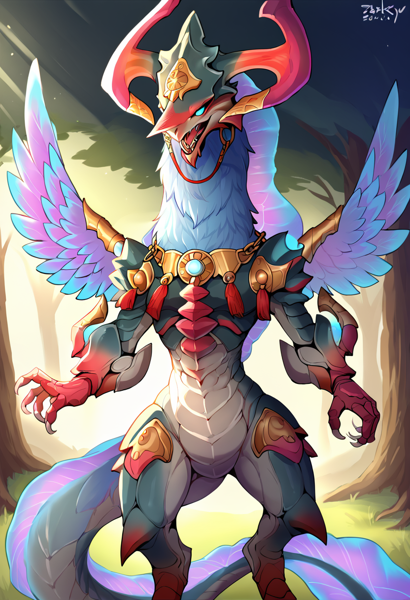 <lora:SM_Tiamat_a1_15_PonyXL_spnckpt1_th-1.4>,<lora:BG2_dpep4+silicon29dim64:1>,<lora:PDXL_artist_tags_v2_big:0.8>,score_9,score_8_up,score_7_up,source_furry,tiamat,anthro,female,by zackary911,by syuro,by dagasi,by hanuvo,solo,hi res,detailed background,forest,
looking at viewer,extreme detail,dynamic lighting,cinematic lighting,blue eyes,no sclera,necklace,three-quarter view,open mouth,standing,featureless crotch,featureless chest,portrait,