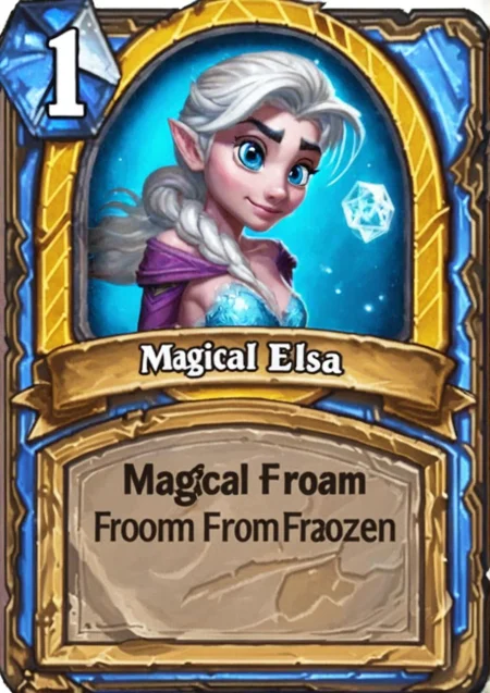 A magical ((Elsa from frozen))  Hearthstone Card <lora:SDXL-HearthstoneCard-Lora:0.8>