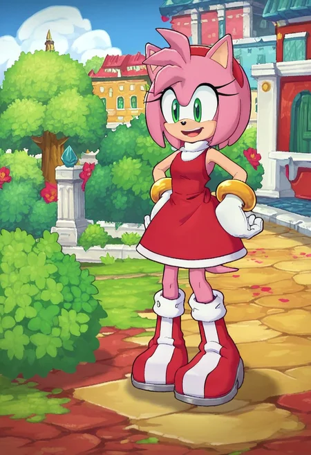 score_9, score_8_up, score_7_up, 1girl, /Amy Rose (Sonic)/, green eyes, pink fur, pink hair, animal ears, animal nose, white gloves, gloves, gold bracelets, red dress, red white striped boots, sleeveless, red headband, pink tail, outside, hands on hips, excited,