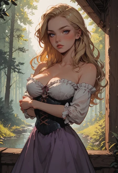 Score_9_up, score_8_up, score_7_up, score_6_up, BREAK, Expressiveh, dynamic angle, high quality, solo, 1girl, myrtlewal, blonde hair, long hair, off shoulder white blouse, purple skirt, corset, cleavage, big breasts, arms crossed, looking at viewer, blushing, forest, cabin, medieval setting, detailed scenery, commix style, sun rays, dynamic lighting, dynamic lighting, cinematic lighting