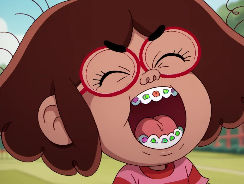 score_9, score_8_up, score_7_up, solo, 1girl, tat1, brown hair, upper body, child, eyes closed, yelling, big open mouth, red-framed eyewear, braces, tongue, blurry background, <lora:tat1-000010:1>,
