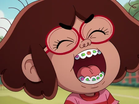 score_9, score_8_up, score_7_up, solo, 1girl, tat1, brown hair, upper body, child, eyes closed, yelling, big open mouth, red-framed eyewear, braces, tongue, blurry background, <lora:tat1-000010:1>,