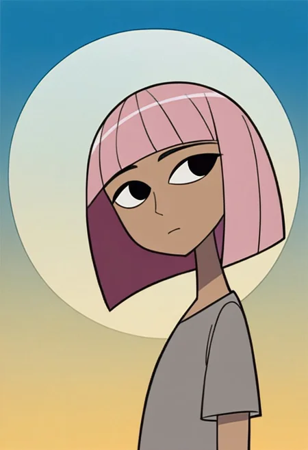 ng_deepnegative_v1_64t, score_9, score_8_up, score_7_up, zPDXL2, detailed background, concept art, source_anime, flat chest, blue sky, background, solo, easynegative, source_anime, pop art background, lineart_style, beautiful woman, black eyes, dark pink skin, nectarine hair, pink highlights, short hair, bob cut, grey shirt, sun shining, sun visible, face focus, looking to the side