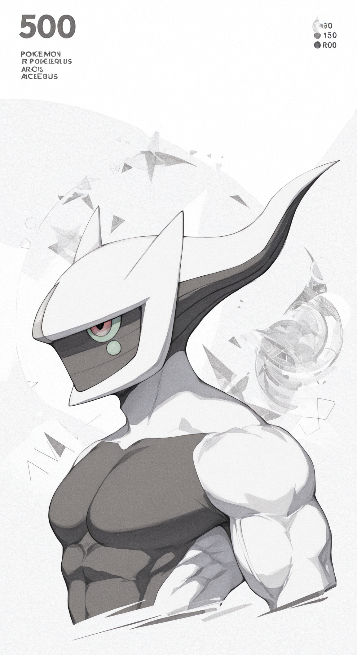20,
<lora:[Style - IL] R50 Banknote Style:1> r50_banknote, english text, big text, number, 
monochrome
cropped torso,
looking ahead,
from side,
abstract background, shapes,
,
white theme,
1boy, male focus,
<lora:[Char - IL] Pokemon - Arceus (R1E18):0.8> pokemon \(creature\), arceus, r50_arceus, muscular male, no mouth,
masterpiece, best quality,