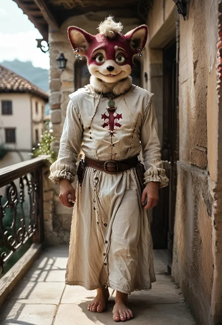 score_9, score_8_up, score_7_up, (((Barefoot furry character, full body, cinematic setting, furry male, plantigrade, correct anatomy, perfect hands)))
((( Chip Form Sonic The Hedgehog (series) ))), (((templar outfit))), green gem necklace, ((1boy, solo, solo focus)), muscular, furry male, burgundy fur,body fur, perfect eyes, perfect face, fur, fluffy fur, tuft, detailed fur,, bronze eyes, curvy, covered nipples, Expressiveh, looking at the viewer, seductive smile, half closed eyes, tight clothes, skindentation, ear piercing,cute makeup, BREAK indoor, detailed background, balcony, abs, ((muscular)), white neck fluff,