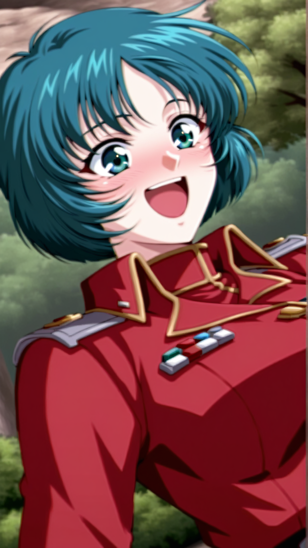 source_anime, general, best quality, masterpiece, 1girl,  <lora:Elis_Radius_ill_v1.0:1> elis_radius\(srw\),green eyes, green hair , short hair,aqua hair, blue hair, blue eyes,military uniform, red jacket,happy, embarrassed,   dynamic pose, dutch angle,