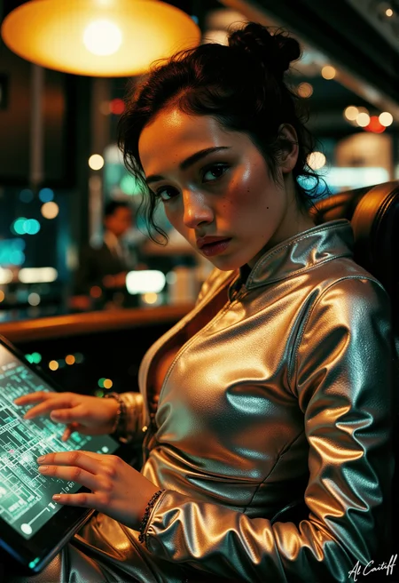 Extreme low-angle shot, 50mm telephoto lens with slight barrel distortion, intense motion blur on the subject's hair, deep f/1.4 depth of field. A woman with piercing emerald eyes and a constellation of freckles across her nose wears a sleek silver jumpsuit, her dark hair styled in a messy bob. She sits in a futuristic chair, her hands grasping the armrests as she stares intensely at a holographic display in front of her. The scene is bathed in warm golden light, with a large sun-like lamp casting a spotlight on the subject's face., style of Rembrandt<lora:Flux/style_of_Rembrandt_FLUX_135-000009.safetensors:0.5000000000000001:0.5000000000000001> <lora:CustomFlux/MysticRealism.safetensors:1.0000000000000002:1.0000000000000002>