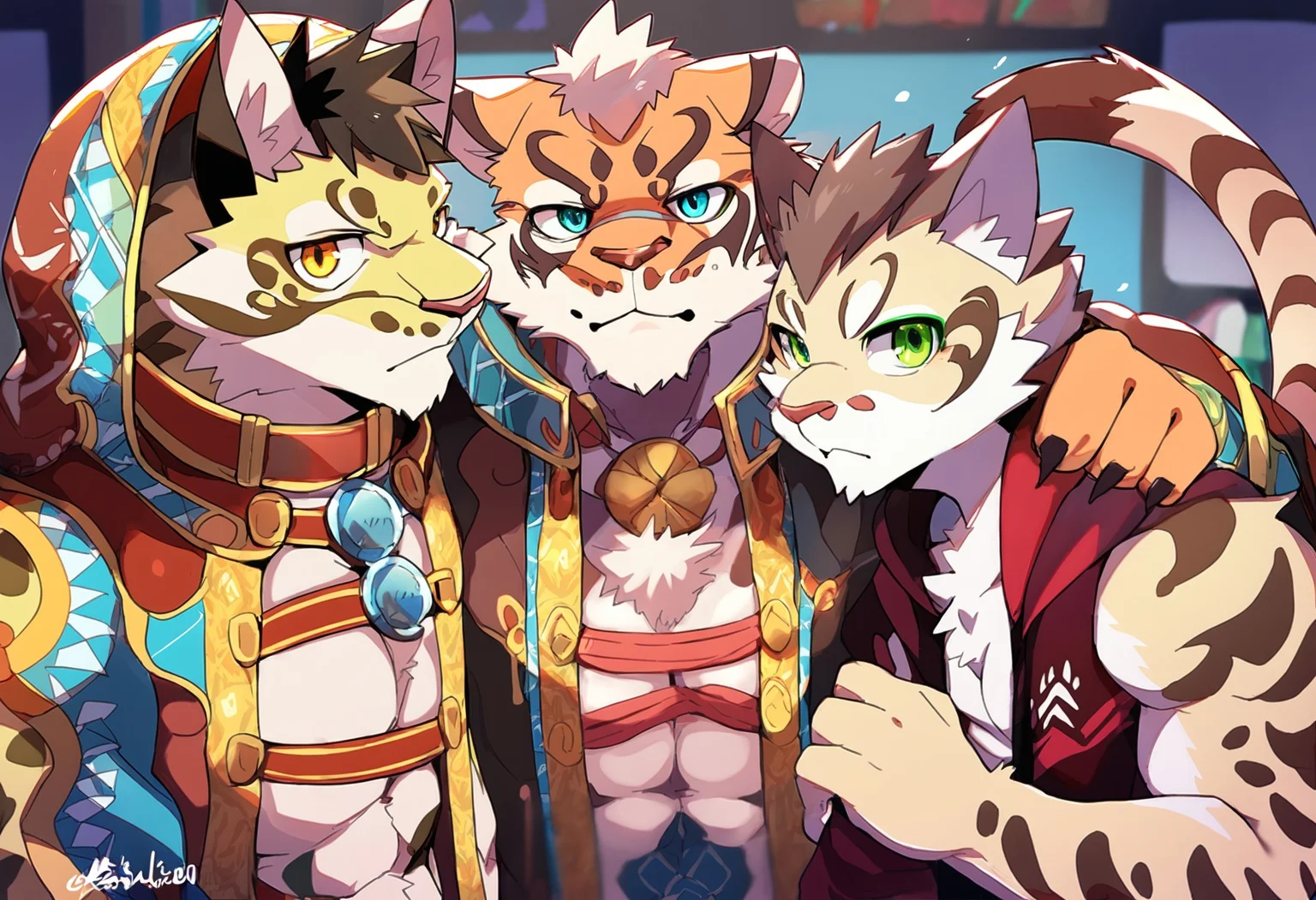 score_9,score_8_up,score_7_up, <lora:Nekojishi_PonyXL_rev2-000050:1>likulau+lin hu+shu-chi,nekojishi+studio klondike,|||,amber eyes ,anthro ,blue eyes ,countershading ,fur ,green eyes ,group ,looking at viewer ,male ,2017+digital drawing (artwork)+digital media (artwork)+hi res,,clouded leopard+felid+feline+felis+leopard cat+mammal+pantherine+prionailurus+tiger,