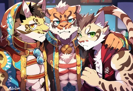 score_9,score_8_up,score_7_up, <lora:Nekojishi_PonyXL_rev2-000050:1>likulau+lin hu+shu-chi,nekojishi+studio klondike,|||,amber eyes ,anthro ,blue eyes ,countershading ,fur ,green eyes ,group ,looking at viewer ,male ,2017+digital drawing (artwork)+digital media (artwork)+hi res,,clouded leopard+felid+feline+felis+leopard cat+mammal+pantherine+prionailurus+tiger,