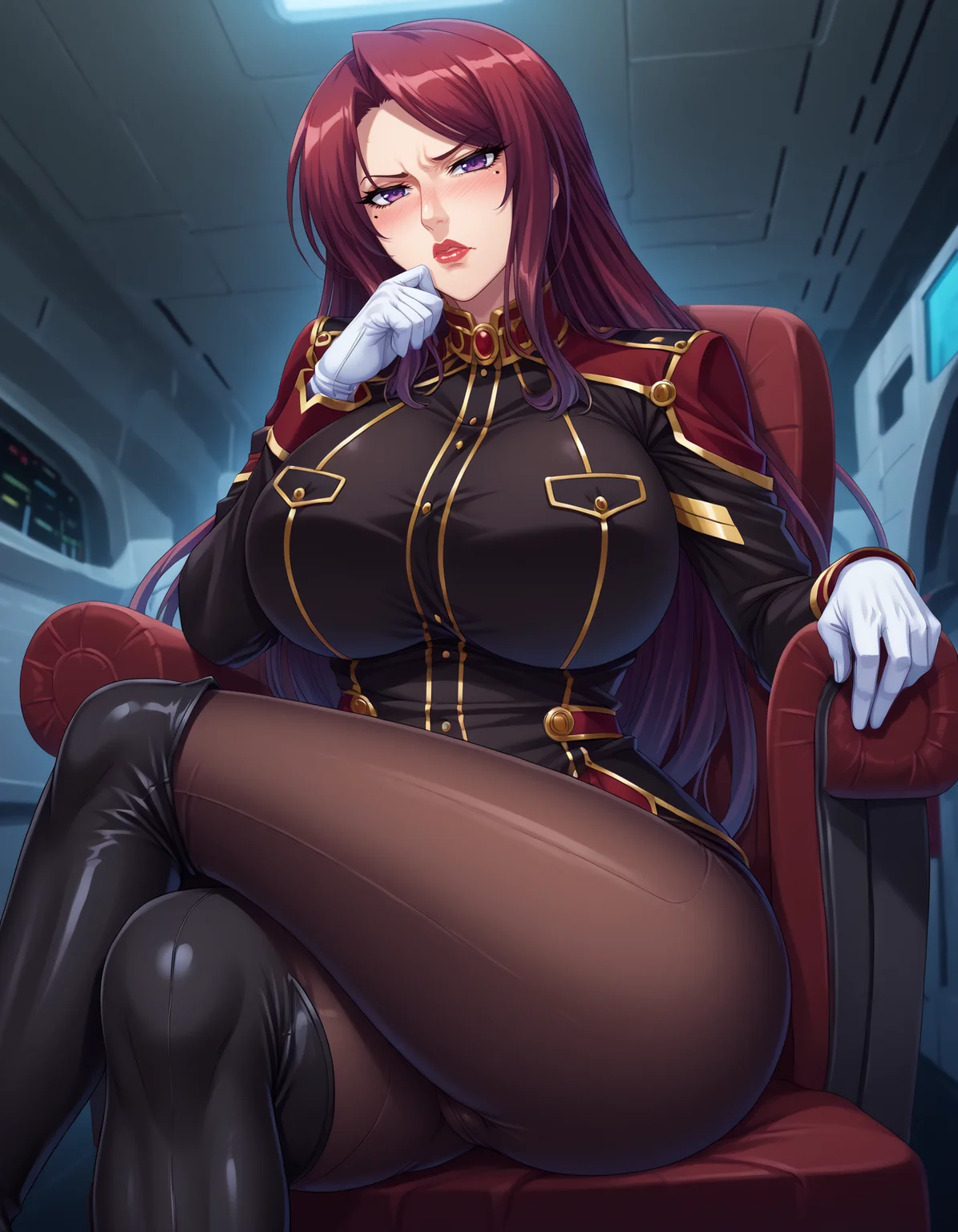 <lora:Beatrice_Kushan:0.7>,score_9,score_8_up,score_7_up,score_6_up,uncensored,break,source_anime,<lora:Anime_Screencap:1>,<lora:PerfectEyesXL:1>,<lora:thicc_v1.4-pony:1>,masterpiece,best quality,beatrice kushan is sitting on arm chair,boss's chair,crossed legs,hand on own chin,head rest,clenched hand,1girl,mature female,solo,looking at viewer,determined,blush,parted lips,red hair,long hair,purple eyes,lipstick,lips,(mole under eye:0.9),military uniform,brown pants,thigh black boots,white gloves,curvy,huge breasts,highs,indoors,spacecraft,