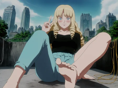 score_9,source_anime,1girl,from below,blush,long hair,curly hair,hime cut,cleavage,blonde hair,blue eyes,beautiful_detailed_eyes,black shirt,blue jeans,peace sign,smile,looking at viewer,sitting,on ground,knees_to_chest,feet,outdoors,sky,cityscape,moss,overgrown,wire,cellphone,<lora:GITS1995_XL:1>,