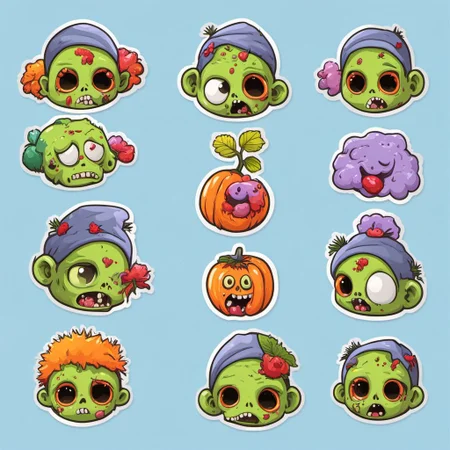Cute zombie shiny StickerSheet <lora:SDXL-StickerSheet-Lora:1>, Very detailed, clean, high quality, sharp image, Eric Wallis