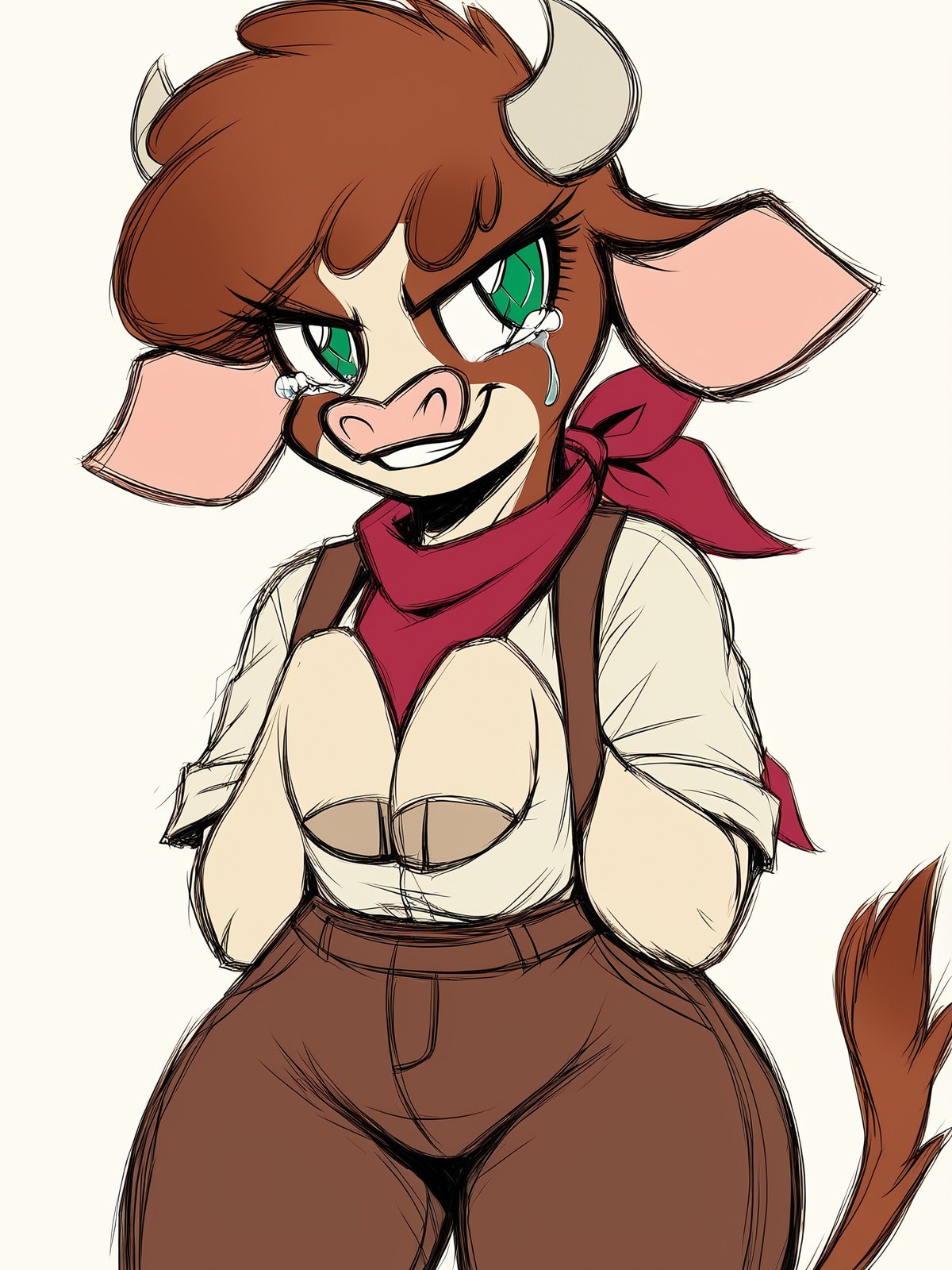 score_9,score_8,source_furry,
<solo:1.5>,
<1girl:1.5>,
arizona_fherds,
cow_girl,
1girl,
furry,
furry female,
solo,
breasts,
green eyes,
horns,
tail,
smile,
medium breasts,
brown hair,
animal ears,
snout,
tonned,
tonned body,
cow horns,
looking at viewer,
grin,
cow tail,
cow ears,
thick thighs,
teeth,
anthro,
cow girl,
furrification,
<simple background:1.5>,
<white background:1.5>,
<lora:Arizona_Fherds_Pony_SDXL:1> arizona_fherds,  
<lora:90s4n1m3XLP:1.25> 90s4n1m3, sad,
sadness,
tears,
closed mouth,