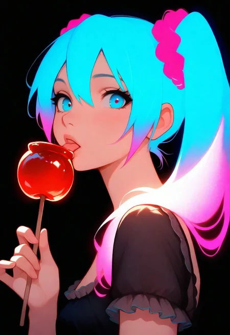 ((masterpiece, best quality, very aesthetic)), hatsune miku, pink hair scrunchie, (licking:0.8), black nightgown, frills, short sleeves, holding candy apple, glowing candy apple, black background, colorful, glowing hair, looking at viewer, portrait, from side,