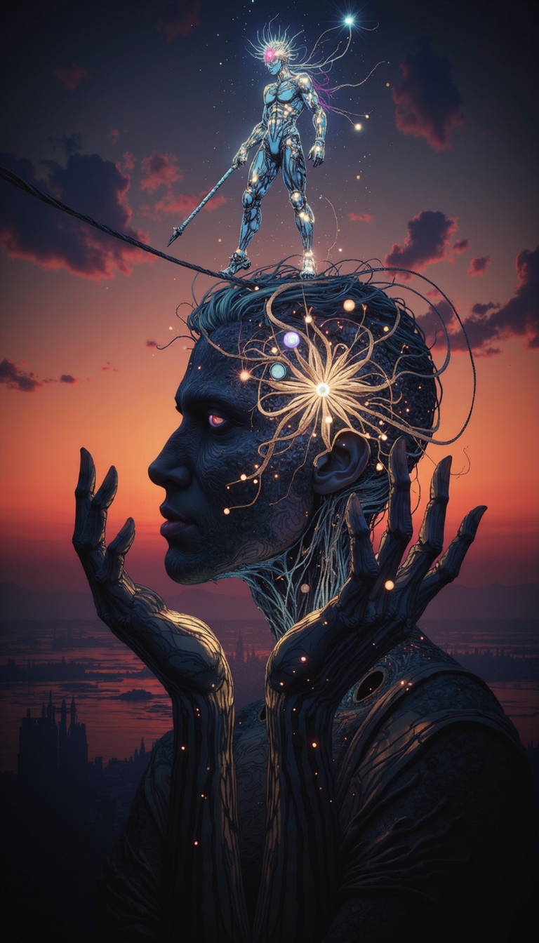 Bioluminescent, A chiaroscuro portrait, capturing the ethereal interplay of anxieties. Utilize tenebrism, contrasting a brightly lit, tightrope-walking figure atop a colossal silhouette of a human head formed with two hands. The background should be an apocryphal sunset, a liminal space between thought and reality. Emphasize the preternatural scale and the delicate equilibrium of the tightrope walker, symbolizing mental agility. The camera angle should be slightly low, instilling a sense of vulnerability and grandeur.