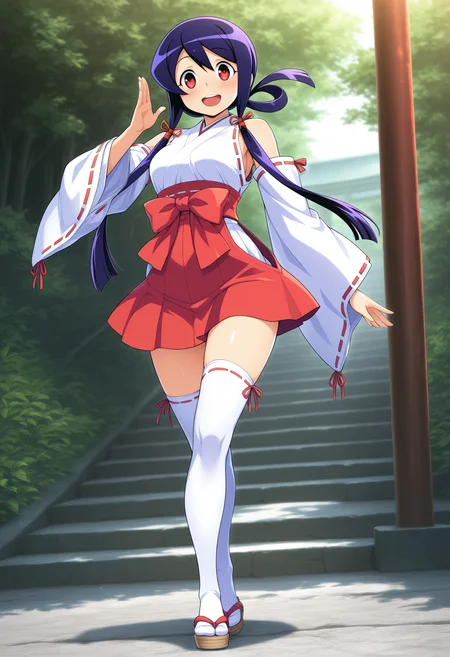 kaidou_akane, purple hair, red eyes, long hair, sidelocks, teenage,
ribbon trim, red ribbon, white detached sleeves, white japanese clothes, red short hakama, red skirt, thighâhigh white socks with frills, miko, zettai ryouiki, sandals
 <lora:kaidou_akane(yajikita douchuuki)_Illustrious-XL-1.1-v1:1>, masterpiece,best quality,amazing quality, 1girl, solo, standing, (dynamic pose) , blush,
looking at viewer,cowboy shot,open mouth,light smile, 
(outdoors)