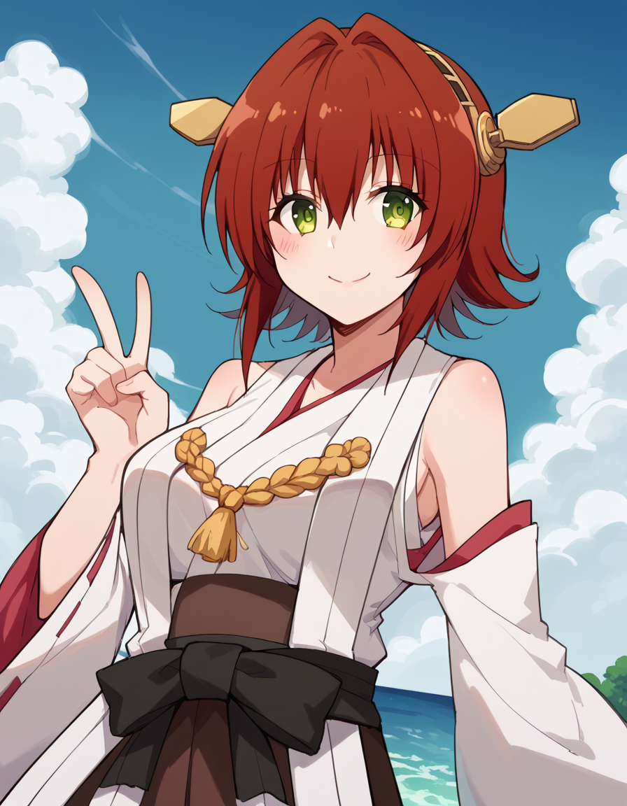 score_9, score_8_up, score_7_up, source_anime, <lora:ryouko-mikado-darkness-ponyxl-lora-nochekaiser:1>, ryouko mikado, short hair, hair between eyes, green eyes, red hair, hair intakes, large breasts, <lora:kancolle-kongou-cosplay-ponyxl-lora-nochekaiser:1>, kancolle kongou cosplay, kongou (kancolle) (cosplay), kongou pose, nontradional miko, cosplay, ribbon-trimmed sleeves, ribbon trim, bare shoulders, headgear,, ocean, smile, blush, blue sky, v, cowboy shot, looking at viewer,, , dutch angle, cowboy shot