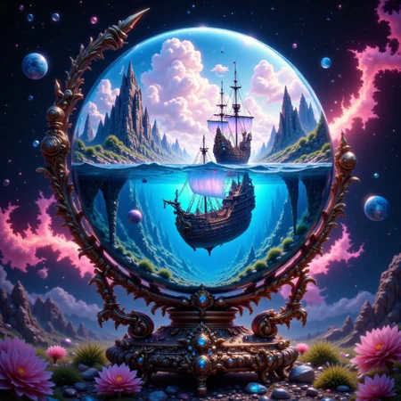 bo-exposure, pinketherealmj, a crystal ball showing A beautiful magical ocean inside, with a fleet of fantasy style mini viking ships. The crystal ball is floating inside a colorful cosmic storm on space, magical glow, internal glow, magic, fantasy, glowing, colorful,