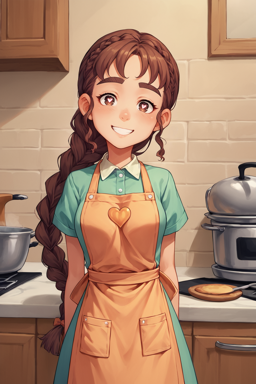score_9, score_8_up, 1girl, source_anime, <lora:NSNoraPortia:1> NSNoraPortia, brown hair, thick eyebrows, brown eyes, braid, very long hair, apron, kitchen background, smile, heart-shaped pupils