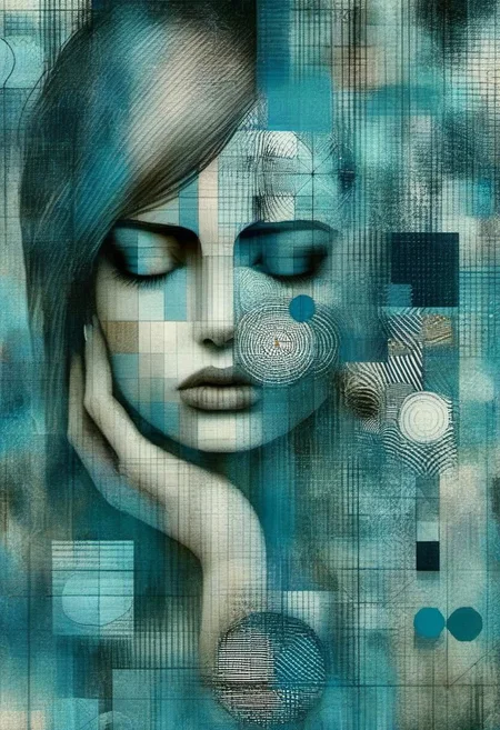 Abstract digital painting of a sad woman, her face is surrounded by diagnal cross hatching patterns of geometric objects, circles, square, and other intricate patterns and lines, blue palette