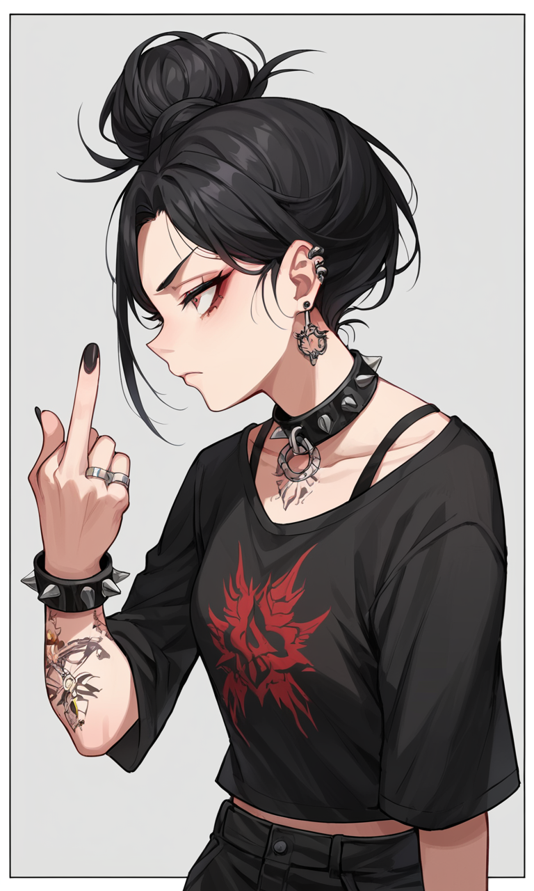 score_9, score_8_up, score_7_up, score_6_up, score_5_up, score_4_up, source_anime, BREAK 1girl, solo, simple background, black hair, jewelry, earrings, hair bun, collar, bracelet, tattoo, piercing, ring, ear piercing, black nails, red background, spikes, spiked bracelet, fckYou, middle finger