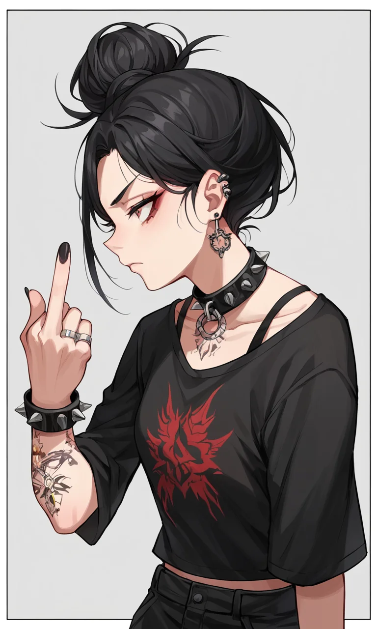 score_9, score_8_up, score_7_up, score_6_up, score_5_up, score_4_up, source_anime, BREAK 1girl, solo, simple background, black hair, jewelry, earrings, hair bun, collar, bracelet, tattoo, piercing, ring, ear piercing, black nails, red background, spikes, spiked bracelet, fckYou, middle finger