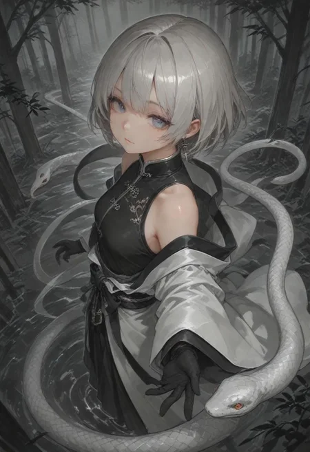 best quality, amazing quality, very  esthetic, newest, scenery, high-resolution, masterpiece, detailed eyes, perfect eyes, realistic eyes, depth of  field, high angle ,
1girl, solemn, confident, heterochromia, looking viewer ,solo ,silver hair, short hair, open shoulder, snake trimmed,  earrings,  jewelry, gloves,
bloom, Chinese Brush style, volumetric lighting,  (fighting stance:0.7), Chinese Brush background, dark forest, snake, bloom.