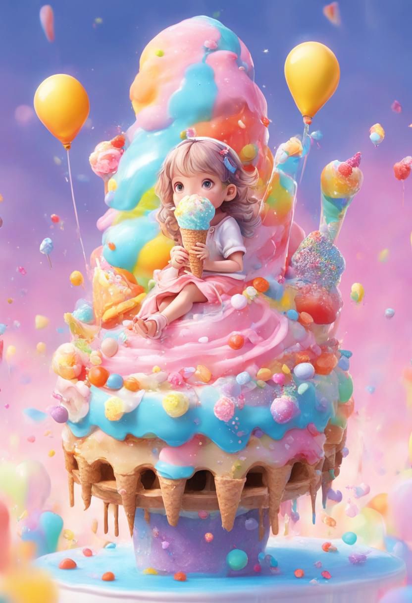 A girl sitting on a giant ice cream, which is adorned with vibrant colors, delightful frosting, and rainbow sprinkles. She holds an oversized waffle cone,shimmering candies. Floating around her are some small balloons, each tied to a petite candy. The scene is filled with sweetness and joy, showcasing the girl's happiness and the enchanting fusion of her imagination and a fantastical world,fantasy, high contrast, ink strokes, explosions, over exposure, purple and red tone impression , abstract, ((watercolor painting by John Berkey and Jeremy Mann )) brush strokes, negative space,