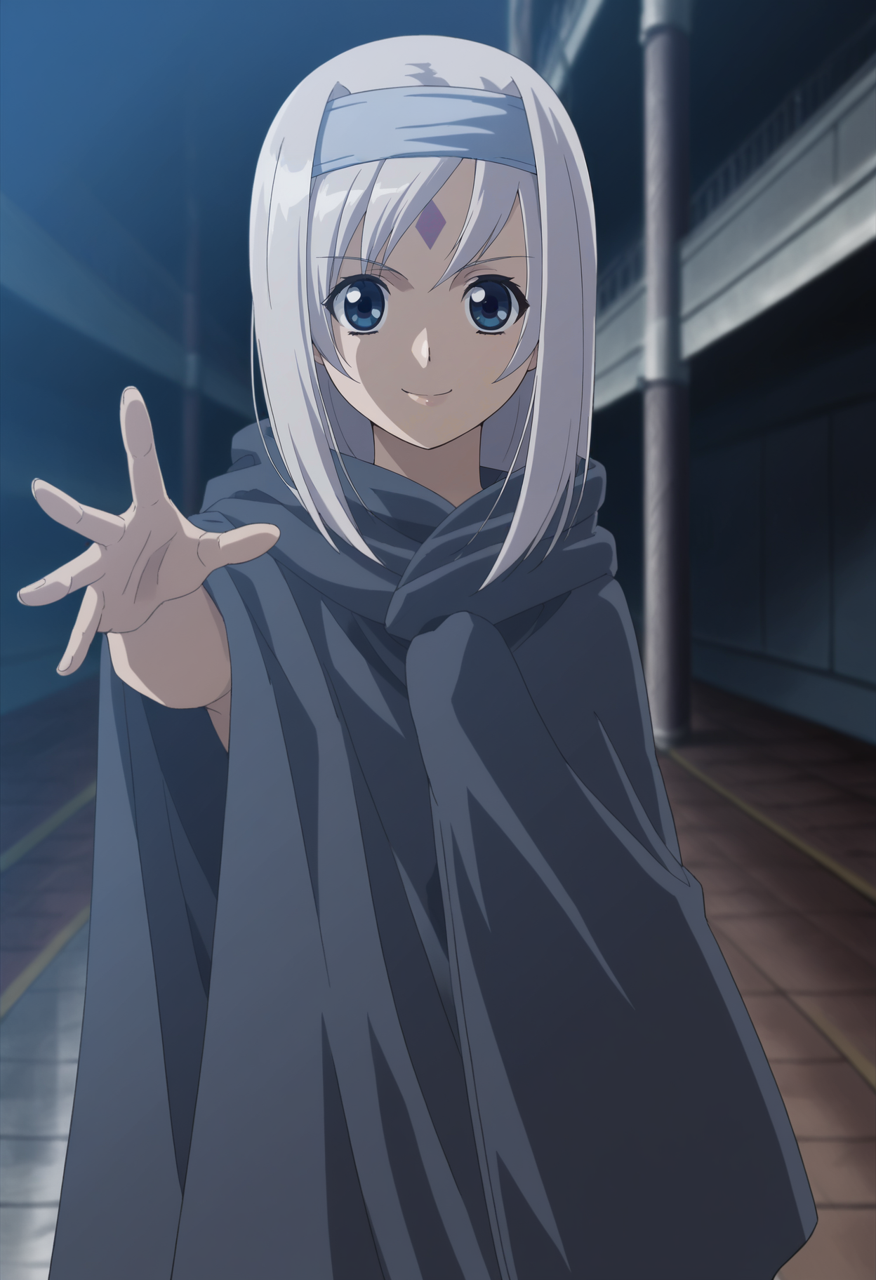 <lora:Yukina-Girls_Bravo:0.8>,1girl,solo,Yukina,hairband,blue eyes,white hair,long hair,facial mark,forehead mark,anime coloring,
cloak,hooded cloak,hood,cowboy shot, standing,outstretched arm, looking at viewer, smile