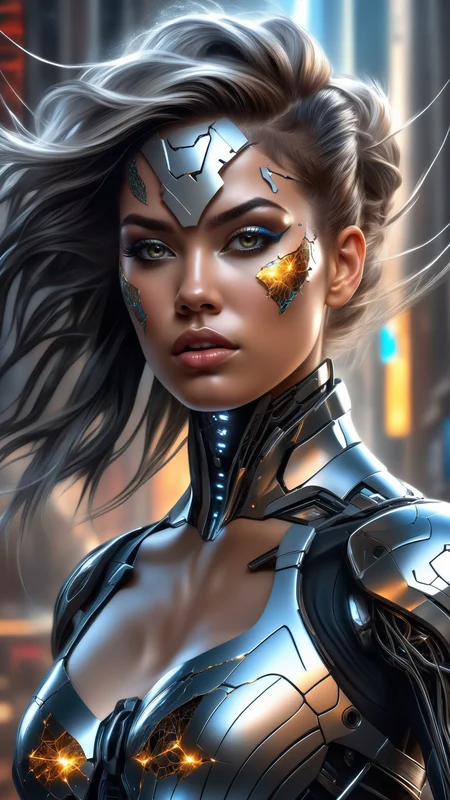 1girl, 8k portrait of cyborg girl with chaos hair, intricate, elegant, photorealistic, cracked skin, rage face, highly detailed, majestic, muscular, digital photography, art by artgerm and ruan jia and greg rutkowski surreal painting black butterfly filigree, broken glass, (masterpiece, sidelighting, finely detailed beautiful eyes: 1.2), hdr, female, girl, sexy girl