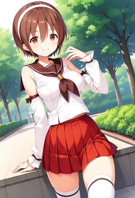 1girl, solo, standing, cowboy shot, park, <lora:KC_02LC_natori_pony:1> natorikc, brown hair, short hair, white hairband, bangs, hair between eyes, brown eyes, red eyes, tareme, medium breasts, natoridefkc, brown_sailor_collar, white serafuku, bare shoulders, brown neckerchief, detached sleeves, red skirt, miniskirt, pleated skirt, white thighhighs,, score_9,score_8_up, score_7_up, source_anime, masterpiece, best quality, official art, official style, game cg, megami magazine, rating_safe, rating_questionable, <lora:Fixhands_anime_bdsqlsz_V1:0.75>, NEGATIVE_HANDS