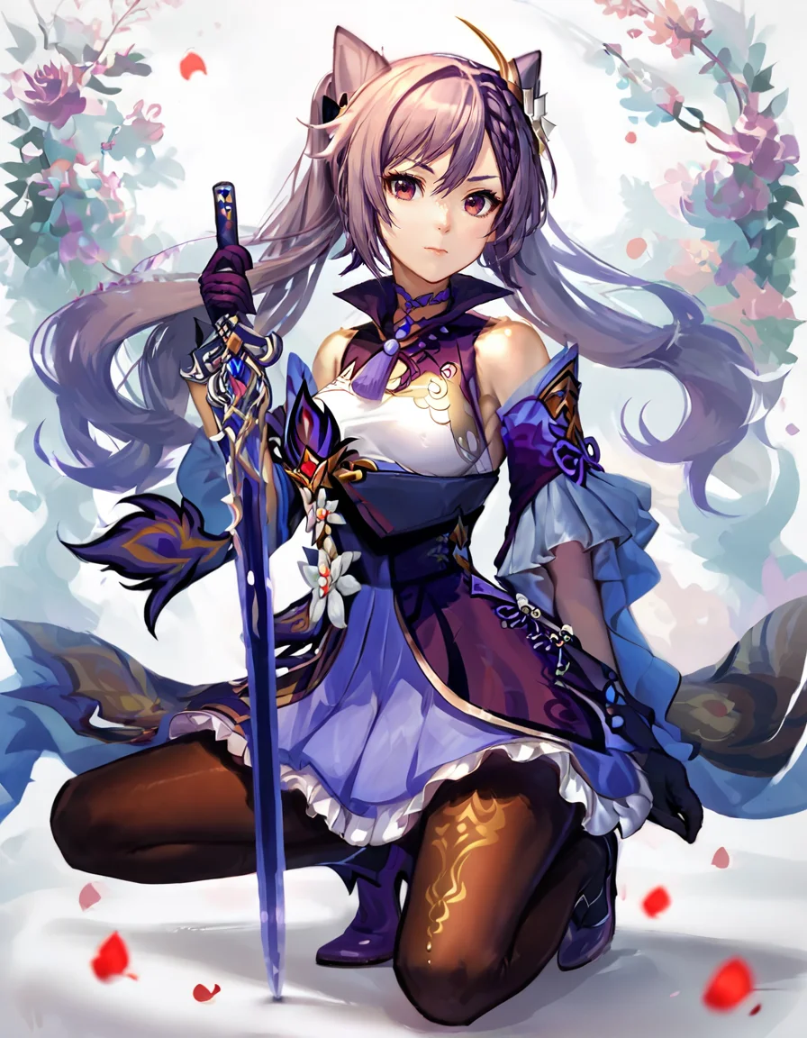 score_9, score_8_up, score_7_up,
source_anime, rating_safe,
one-handed,planted-sword,1girl,solo,long hair,breasts,looking at viewer,bangs,skirt,hair ornament,red eyes,gloves,white background,dress,holding,hair between eyes,bare shoulders,twintails,closed mouth,purple eyes,full body,weapon,purple hair,braid,flower,pantyhose,frills,detached sleeves,choker,black gloves,sword,hair bun,holding weapon,high heels,black pantyhose,petals,double bun,holding sword,frilled dress,frilled skirt,frilled sleeves,purple dress,brown pantyhose,cone hair bun,purple gloves,one knee,purple footwear,purple choker,neck tassel,keqing (genshin impact)
<lora:planted_sword:1>