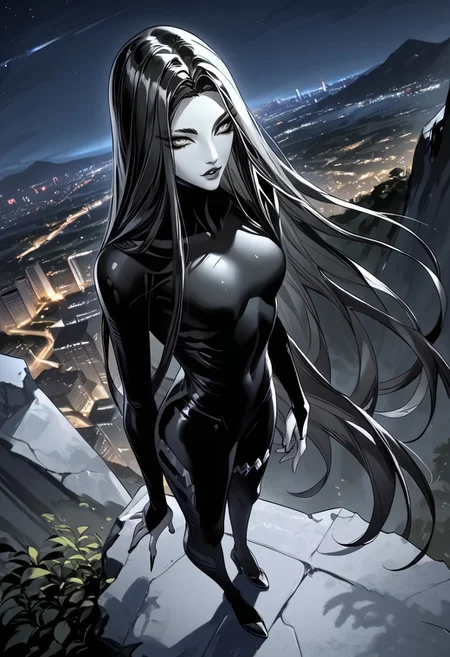 score_9, score_8_up, score_7_up, Expressiveh,
mioru, 1girl, solo, black hair, very long hair, black lips, grey eyes, makeup, pale skin, black bodysuit, skin tight, 
looking at viewer, red dress, outdoors, night, full body, standing, dynamic angle, cliff, city lights in the background