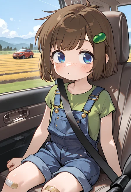 <lora:add-detail-xl:1>,masterpiece,best quality,amazing quality,very aesthetic,absurdres,newest,huge filesize,<lora:spo_sdxl_10ep_4k-data_lora_webui:0.5>,1girl, freckles, brown hair, bandaid, blue eyes, , short hair, hair ornament, bandaid on knee, face focus,farm background,Lily Hopkins, <lora:lily_hopkins_ill:0.8>,,flat chest,,blue overalls,green shirt, <lora:strap-between-breasts-illustriousxl-lora-nochekaiser:1> sitting, ground vehicle, between breasts, motor vehicle, car, driving, car interior, seatbelt,