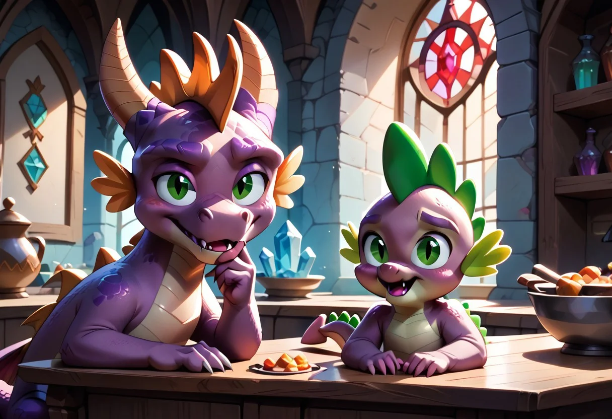 score_9, score_8_up, score_7_up, score_6_up, score_5_up, score_4_up, (2 characters, 2 dragons:2), (best quality, high quality:1), (large dragon with purple eyes and a small dragon with green eyes:0.75), purple skin, (large purple dragon with black eyes:0.7), (small purple dragon with green eyes:0.7), (Spyro the dragon and spike:0.25), <lora:Spike:0.85> by ishoka, by joelasko, by chochi, patb, g5, inside, rich colors, crystal castle, Crystal Empire, crystal heart in the center of the square, presents a painting of rabbits and pony, aroused, front view, detailed background, prepares food, detailed, 8k quality, side view, beautiful, close up, free actions, violet freckled dragon, mammal, (long torso), (dragon's tail), male, <3, tail heart, anthro, hi res, blush, ((one green eye)), large nose, dull fangs, tail gesture, warner brothers, violet scales, Spike, freckled, mammal, short, (big head), big forehead, (green spikes), man, anthropo, pink sclera, pose, warner brothers, purple body, open mouth, high quality, high definition wallpaper, 8k, complex details, Full HD, detailed lighting, paws, detailed eyes, freckled face, face view, Bent over, legs apart, looking at the viewer, maid outfit, kitchen, cute and wonderful familiar fantasy dragon witch, majestic, fantastic, mythical, magical, magic, dynamic, wonderful, peaceful,