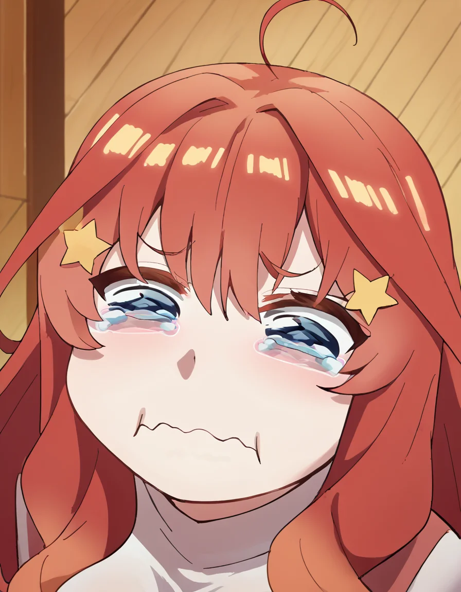 score_9, score_8_up, score_7_up, source_anime, <lora:itsuki-nakano-s2-ponyxl-lora-nochekaiser:1>, itsuki nakano, bangs, blue eyes, hair between eyes, ahoge, red hair, star (symbol), hair ornament, star hair ornament, mature female, large breasts, <lora:aqua-about-to-cry-ponyxl-lora-nochekaiser:1> crying aqua, crying aqua (meme), crying, tearing up, tears, wavy mouth,, ,