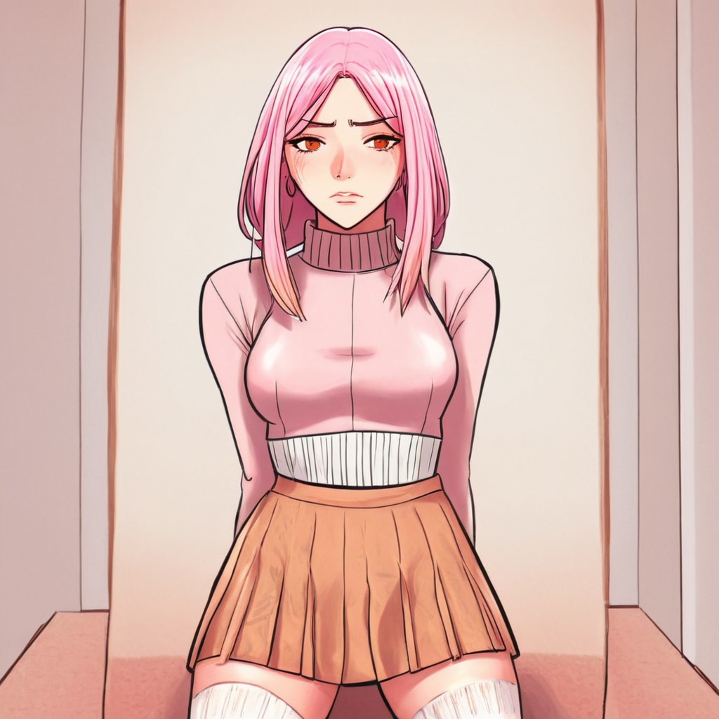1female, full body, illustrative, anime style, pink hair, amber eyes, woman wearing sleefest with mini skirt bottom. matching stockings, turtleneck, midriff, crop top, living room