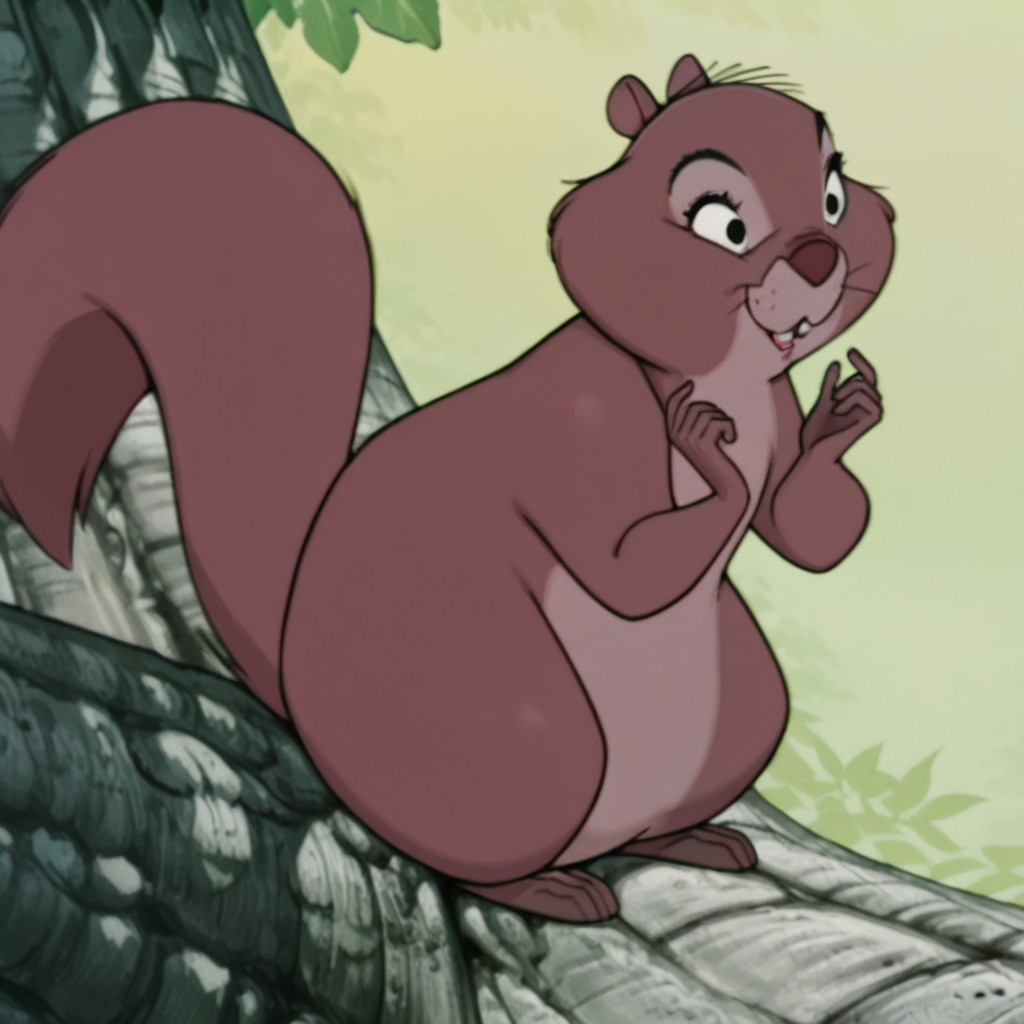 masterpiece, best quality, amazing quality, grannysquirrelil, feral, female, squirrel_girl, red fur, black eyes, squirrel tail, sitting, in a tree,, <lora:243faf38-f9f1-4097-a713-89e48b1ecb58:1.0>